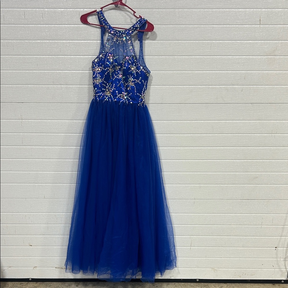Royal Blue Beaded Tulle Prom Dress with Illusion Halter